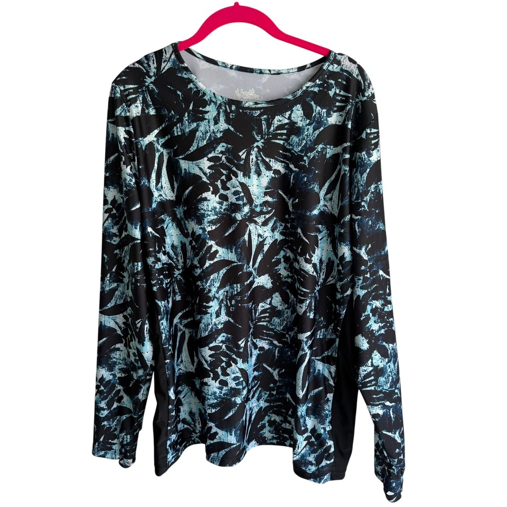 UV SKINZ Blue Black Tropical Long Sleeve Crew Swim Lightweight UPFShirt, 3XL